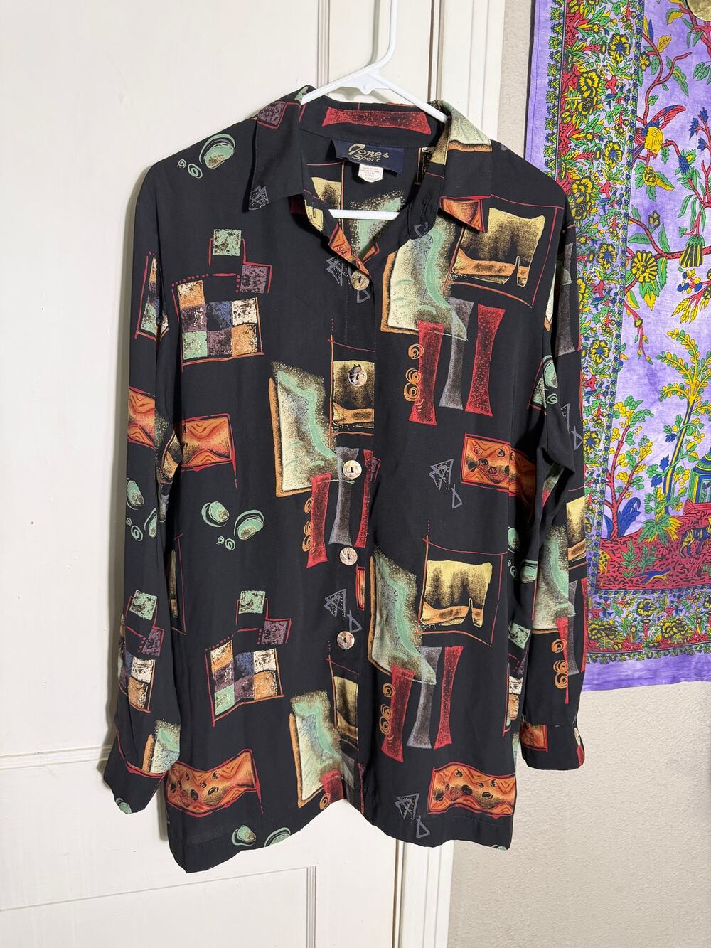 Vintage 90s Jones Sport Abstract Print Button Up Shirt Womens Large Black